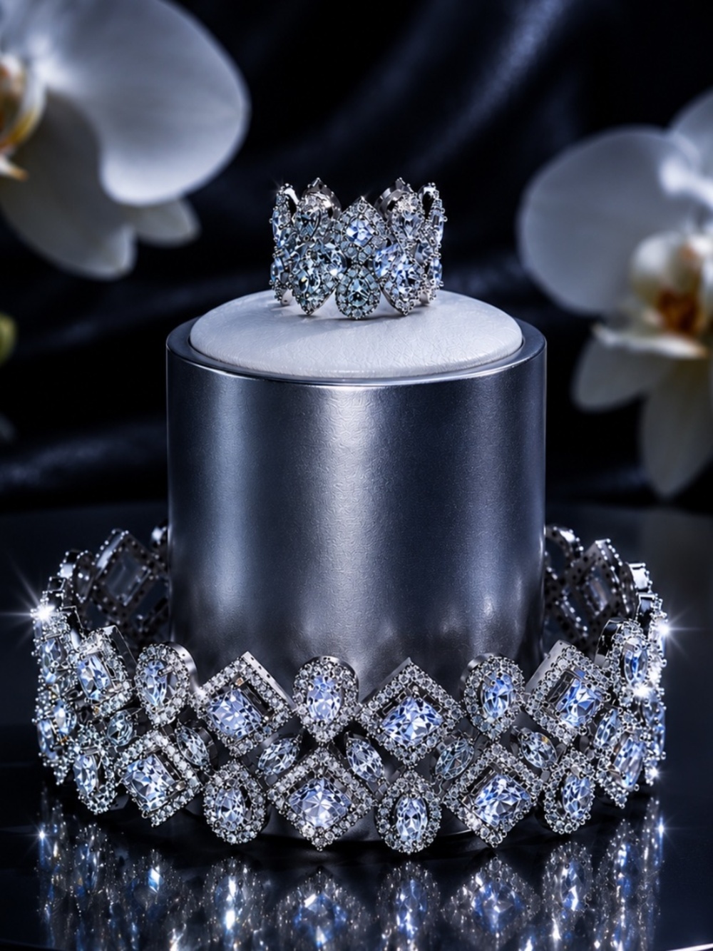 Diamond-Style Silver CZ Floral Bracelet and Ring Set - Picture 2 of 6
